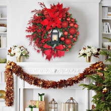 Christmas Wreath with Lamp Bow Ball Big Red Flower Navidad Party Wall Door Window Fireplace Staircase Balcony Garden Wreath