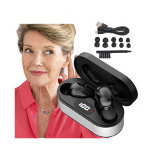 pair of digital rechargeable in-ear hearing aids with invisible sound and speech amplifier