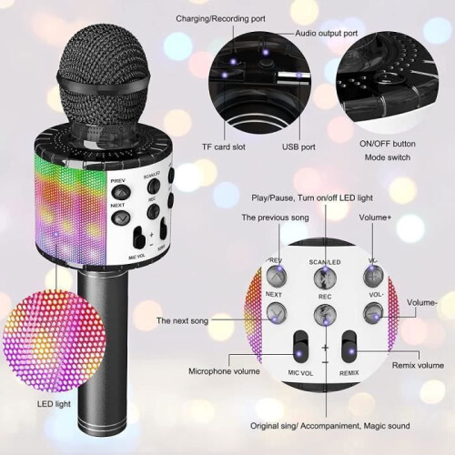 Draadloze karaokemicrofoon, kinderkaraokemicrofoon met dansend ledlicht, Bluetooth-microfoon voor kinderen, zwart 1