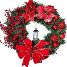 Christmas Wreath with Lamp Bow Ball Big Red Flower Navidad Party Wall Door Window Fireplace Staircase Balcony Garden Wreath