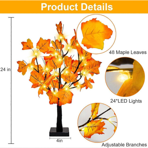 24 Inch Fall Lighted Maple Tree Bundle, 48 LED Lights, Decorative Tabletop Tree for Thanksgiving, DIY Battery Operated Artificial Tree 2