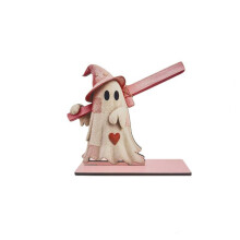 (Pink) Halloween Ghost Wooden Tissue Box With Wicker Basket Bow For Home Use Festive