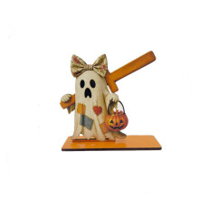 (Orange) Halloween Wooden Ghost Tissue Box With Wicker Basket Bow For Home Festive Use