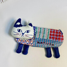 (Blue) Embroidered Cat Kusuguru Stationery Pouch With Polyester Material For School And Office