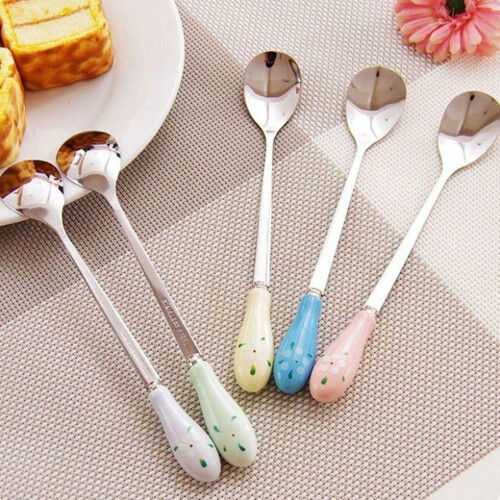 (White)Ceramic Handle Floral Stirring Spoon Tableware Stainless Steel Tableware Milk 1