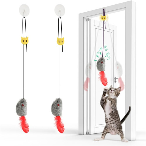 Hanging Mouse Cat Toys 2-Pack – Feather-Tail Interactive Toys with Elastic String