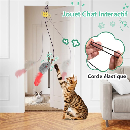 Hanging Mouse Cat Toys 2-Pack – Feather-Tail Interactive Toys with Elastic String 2