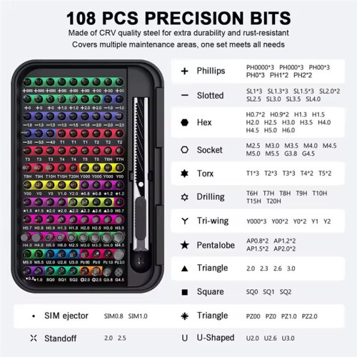 132-in-1 Precise Screwdriver Set: 108 Color-Coded Magnetic Bits for Electronics Tablets PC Phone Repair 1