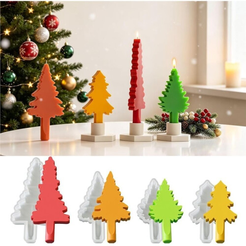 4pcs Christmas Tree Candle Molds, Tree Shape Silicone Molds with Base DIY Xmas Candlesticks Aromatherapy Wax Plaster 1
