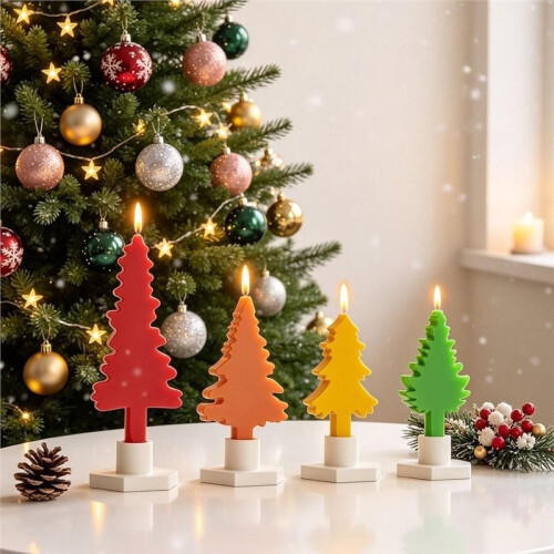 4pcs Christmas Tree Candle Molds, Tree Shape Silicone Molds with Base DIY Xmas Candlesticks Aromatherapy Wax Plaster 2