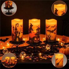 Halloween Flameless Pillar Candles with Bat Cutouts and Remote Control