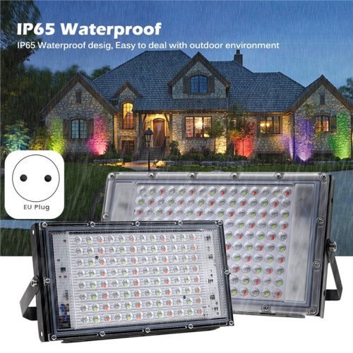 100W LED RGB Flood Light AC220V IP65 Waterproof Floodlight Spotlight with Remote Control EU Plug 2