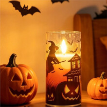 Vela LED Cilíndrica Impermeable Sin Llama con Forma de Calabaza de Halloween, con Control Remoto y Temporizador para una Decoración Espeluznante A