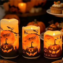 Halloween Pumpkin Waterproof Flameless LED Pillar Candle with Timer Remote for Spooky Decor B