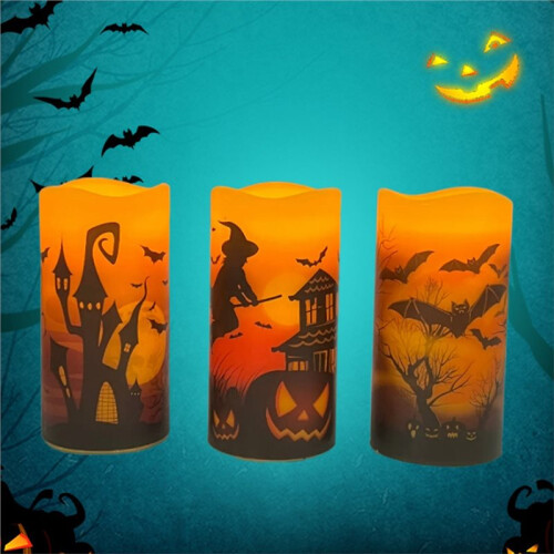 Halloween Flameless Pillar Candles with Bat Cutouts and Remote Control 1