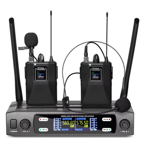 Professional Dual-Channel Wireless Lavalier Microphone Fixed Dual Frequency Wireless System Set for Stage Show Speech EU
