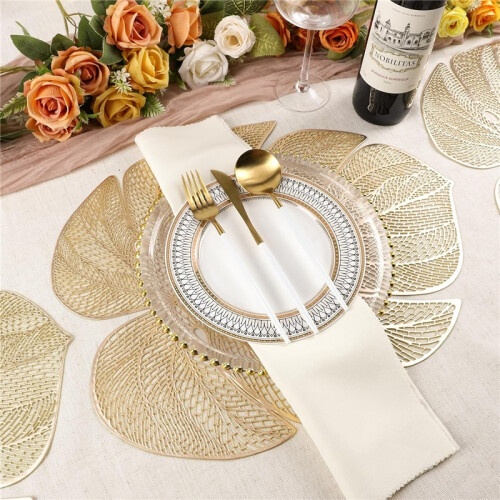 Gold Leaf Vinyl Placemats – 6-Pack Metallic Plastic Wipeable Table Mats