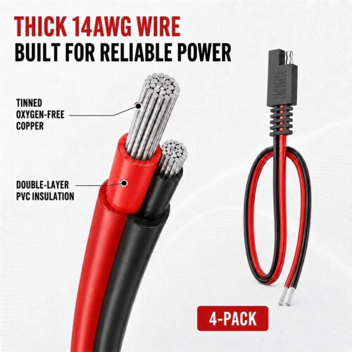 SAE Connector, 4-Pack SAE Single Plug Pigtail Extension Cable, 14AWG Pre-Stripped Bare Ends for Easy Wiring 1