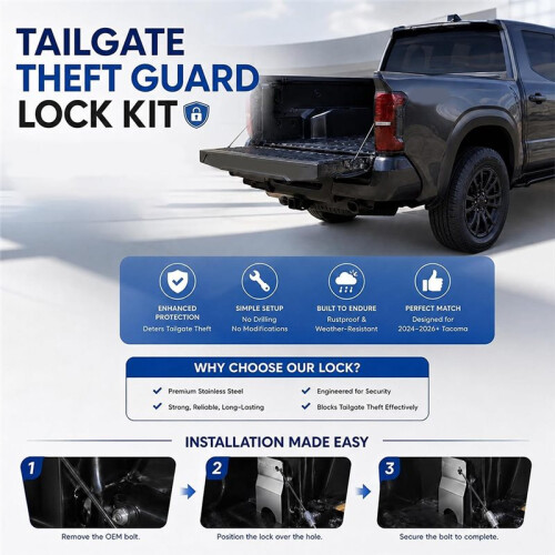 Tailgate Theft Protector Fit for  Tacoma 2024-2026 Equipped with Drill Bits, Screws, Washers 1