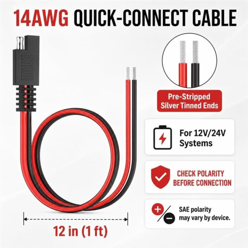 SAE Connector, 4-Pack SAE Single Plug Pigtail Extension Cable, 14AWG Pre-Stripped Bare Ends for Easy Wiring 2