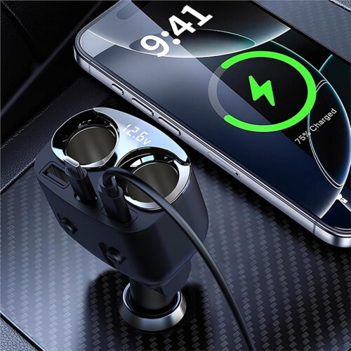 Cigarette Lighter Splitter with 65W PD and Retractable Cable for  Car Charging 1