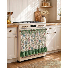 Farmhouse-Style Tie-Top Oven Cover Curtain - Green Vine Pattern - Creates A Cozy Home Atmosphere