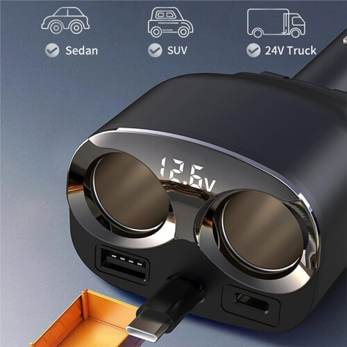 Cigarette Lighter Splitter with 65W PD and Retractable Cable for  Car Charging 2