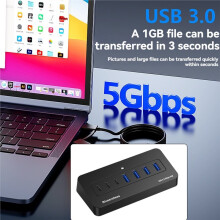 BLUEENDLESS Multiport 7-Poorts USB 3.0-Hub met Hoge Snelheid, Gevoed Dockingstation en Verlengkabel voor Pc en Laptop (1,5 M Kabel)