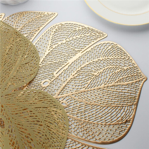 Gold Leaf Vinyl Placemats – 6-Pack Metallic Plastic Wipeable Table Mats 1
