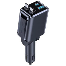 Carregador Veicular Retrátil QC3.0 PD30W com Carregamento Rápido, Duas Portas USB e Display Digital.