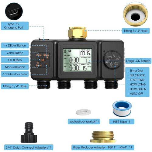 4 Outlets Automatic Water Timer Irrigation Programmer Dip Watering Faucet Sprinkler Timer Controller for Garden Yard