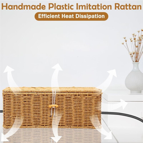 Cable Management Box Handmade Rattan Cable Organizer Cord Basket with Lock, Large Ventilated Storage