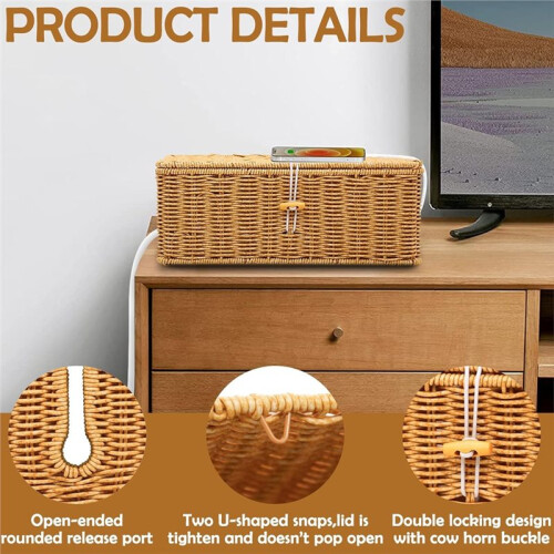 Cable Management Box Handmade Rattan Cable Organizer Cord Basket with Lock, Large Ventilated Storage 1