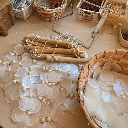 100pcs Round SliceCapiz Shell Bead 2 Inch Flat Round Shell Pieces 2 Hole Seashell Connector Charms for DIY Wind Chimes 2