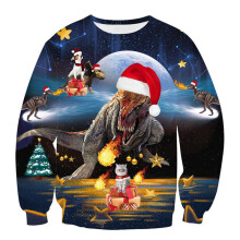 (Dark Blue,2XL)Ugly Christmas Sweater Womens Mens Dinosaur Sweatshirt Long Sleeve Tops Pullover