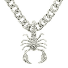 (Silver) Men’s Scorpion Pendant Necklace Full Rhinestone Punk Cuban Chain Trendy Biker Style Jewelry