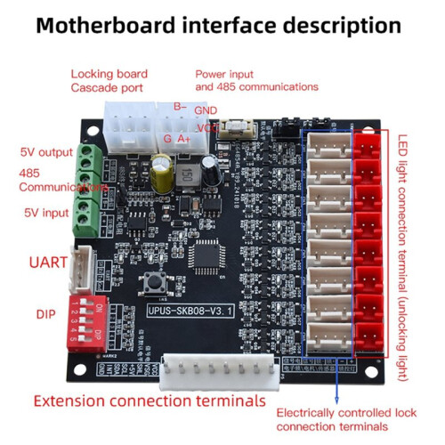 RS485 Serial Communication Electric Lock 8-Channel Control Board with LED Light Control,  Locker System Board 2