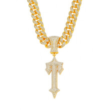 (Gold) Men’s Sword Rhinestone Pendant Necklace 3D Alloy Hip Hop Jewelry Bling Trend Street Style Accessory