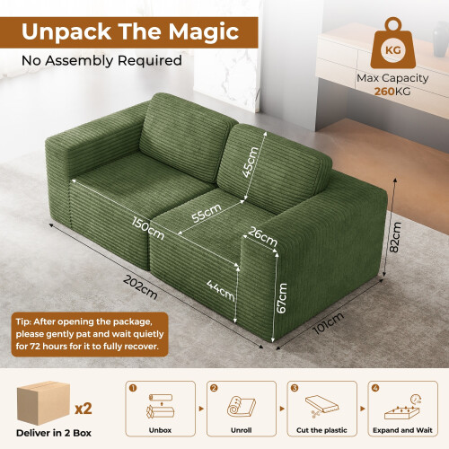 Corduroy Modular Sofa | Cloud-style Sectional 2 Seater Sofa Set Fluffy Memory Foam Cushions 2