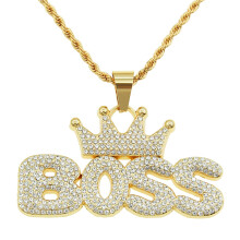 Hip Hop BOSS Crown Letter Pendant Necklace Full Rhinestone Bling Long Chain Trendy Fashion Accessory