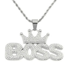 (Silver) Hip Hop BOSS Crown Letter Pendant Necklace Full Rhinestone Bling Long Chain Trendy Fashion Accessory