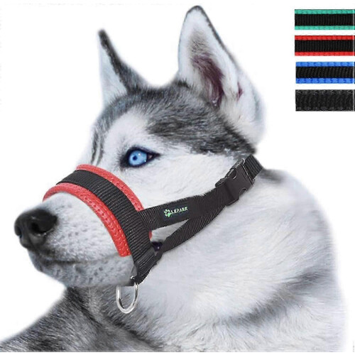 (M red) Black Durable Head Strap Muzzle for Small Medium Large Dogs