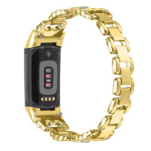 (Gold) For Fitbit Charge 6/ 5 Zinc Alloy Watch Band Rhinestone Inlaid Replacement Metal Strap