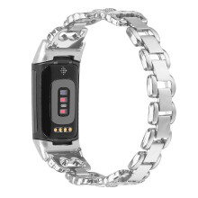 (Silver) For Fitbit Charge 6/ 5 Zinc Alloy Watch Band Rhinestone Inlaid Replacement Metal Strap