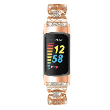 (Rose Gold) For Fitbit Charge 6/ 5 Zinc Alloy Watch Band Rhinestone Inlaid Replacement Metal Strap