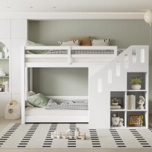 Cama litera 90 x 200 cm blanca de madera maciza y MDF – 2 camas, escalera de almacenamiento, somier incluido (sin colchón)