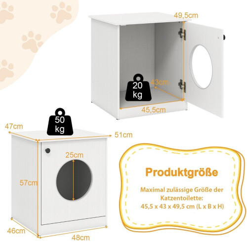 Katzentoilettenschrank mit großem Eingang, Weiß, 51x47x57 cm 2