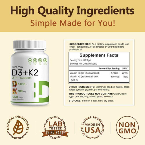 Vitamin D3 K2 Capsules Bone & Immune Support High Absorption 120 Count 2