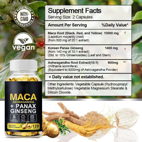 Maca Ginseng Capsules for Men Energy Stamina Vitality Boost 120 Count 2