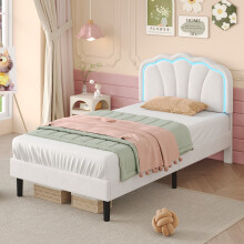 (Cream White, Single) Roomfitters Velvet Upholstered Bed Frame with LED Adjustable Shell Shape Headboard, Solid Wood Slat Platform Base (No Mattress)